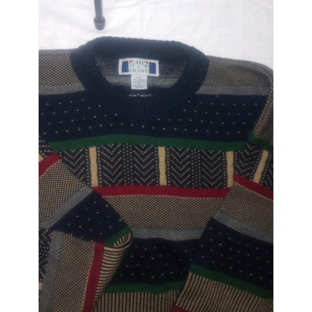 Sutter And Grant Grandpa Sweater Navy Multi Geometric Acrylic XL Vintage